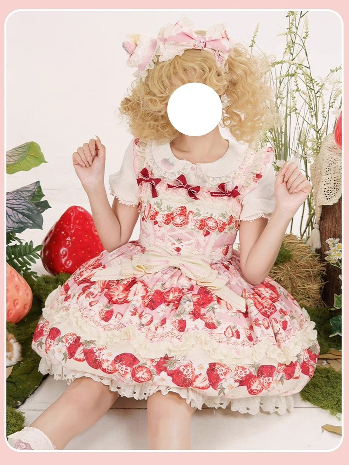 Sweet Strawberry Lolita JSK Dress Set with Blouse & Headband