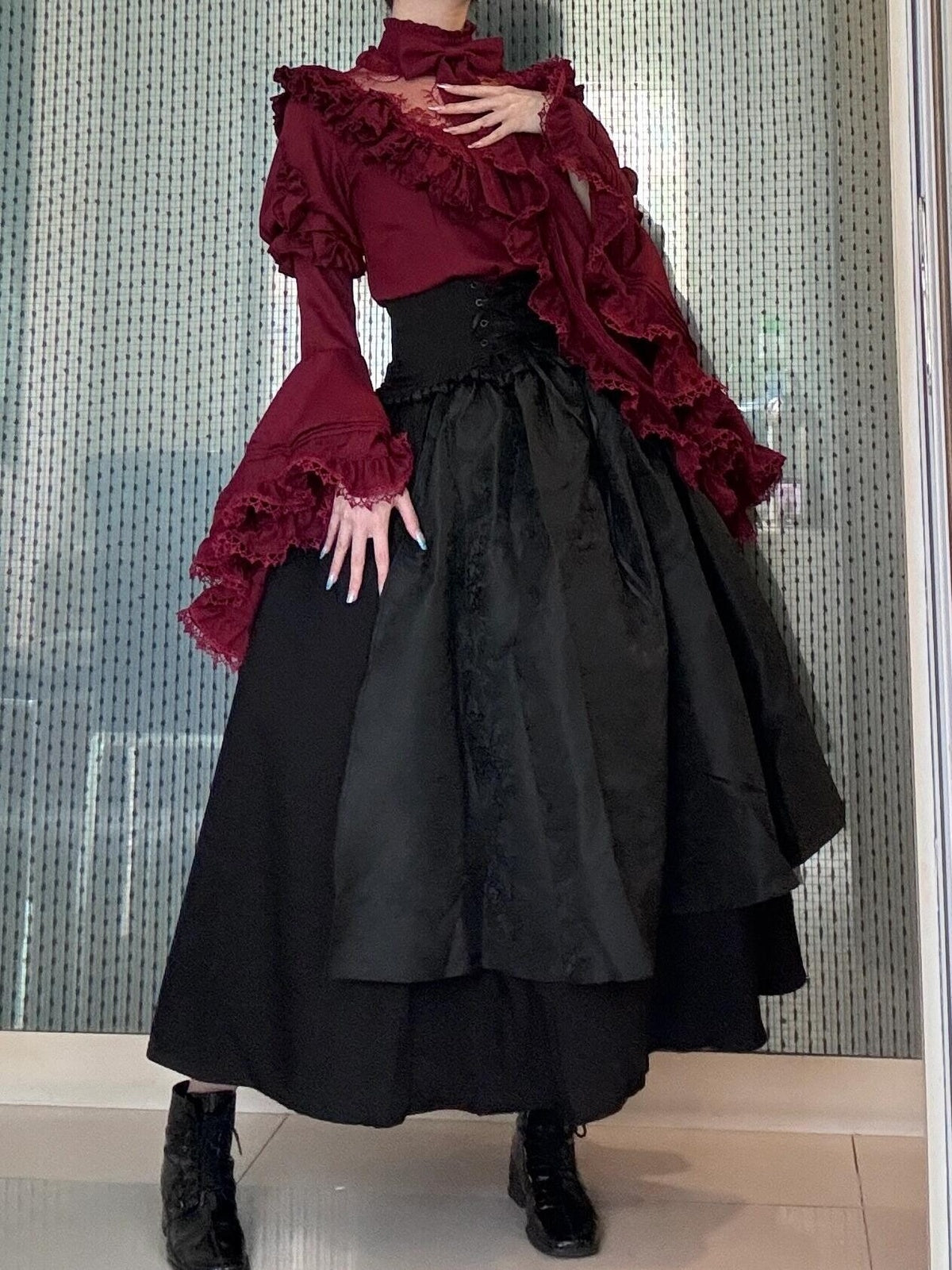 Gothic Red Black Lolita Dress Set with Hime Sleeve Blouse & SK