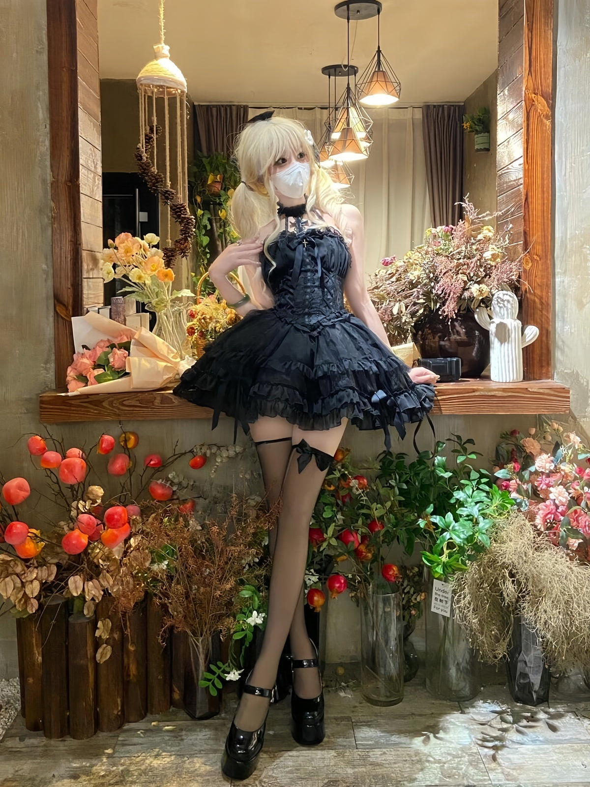 Gothic Cross Lolita Dress Full Set with Sleeves & Headpiece