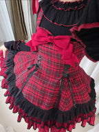 Red Plaid Lolita Dress Set with Bowknot Cape & Blouse Full Set