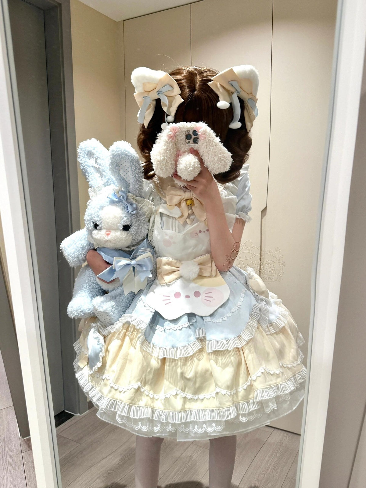 Sweet Cat Lolita OP Dress Short Sleeve Set with Apron & Headpiece
