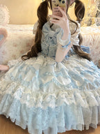 Vintage Old-School Blue Lolita JSK Dress Full Set with Petticoat