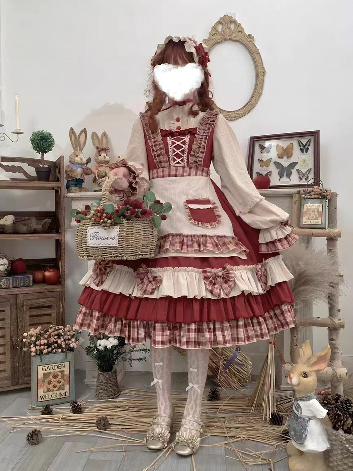 Wine Red Christmas Lolita Dress Set with Cape & Apron