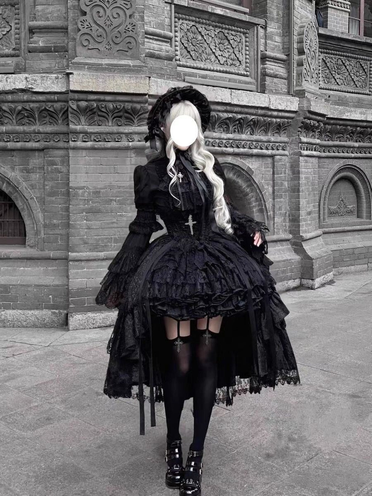 Gothic Lolita Cross & Thorns Dress Set - Black Long Sleeve Outfit