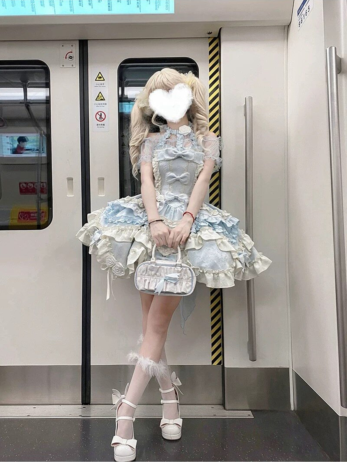 Sweet Blue Halter Gothic Lolita JSK Dress with Bow Train