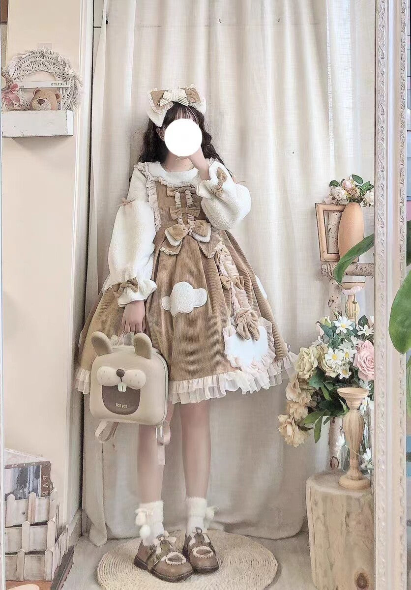 Cocoa Sweet Lolita Long Sleeve OP Dress with Headband & Petticoat