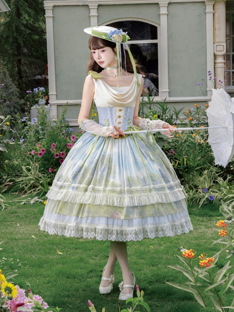 Art Print Skirt Classic Lolita Cowl Neck JSK Dress with Drawstring Overlay - Moonlight Dream | CoyBunny