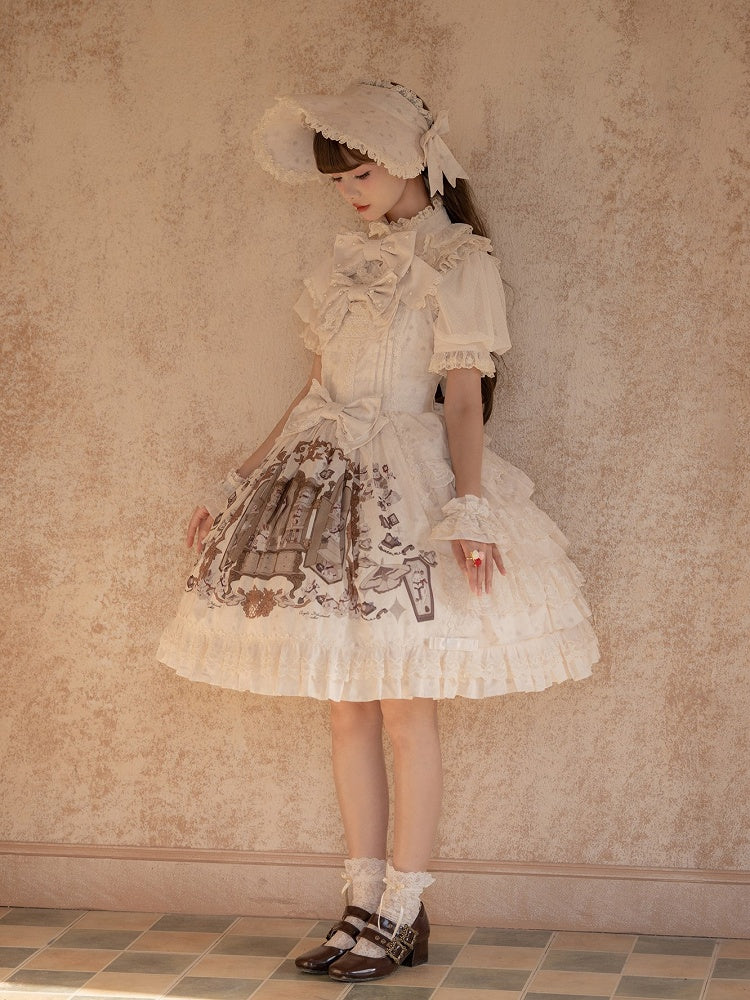 Beige and Brown Bunny Print Layered Ruffle Jumper Skirt with Bows - NnSTAR | CoyBunny