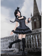 Striped Sweet Lolita Puff Skirt OP Set with Top Hat & Sleeves