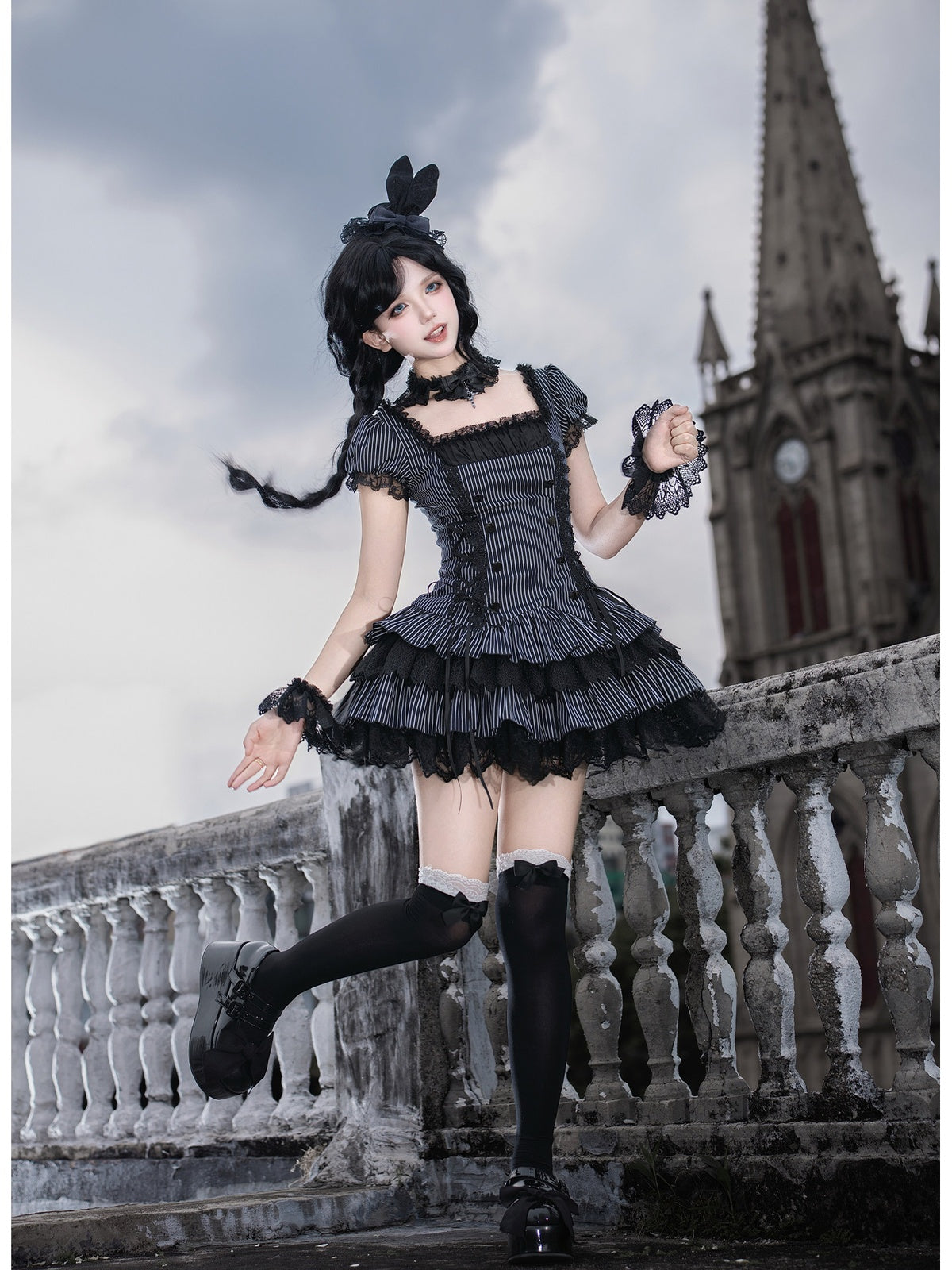 Striped Sweet Lolita Puff Skirt OP Set with Top Hat & Sleeves