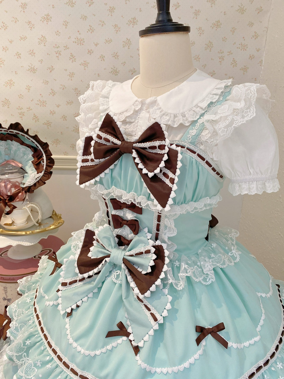 Mint Chocolate Lolita JSK Dress Set with Bonnet | Cute Gown