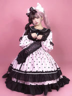 Black & Pink Polka Dot Sweet Lolita OP Long Sleeve Dress
