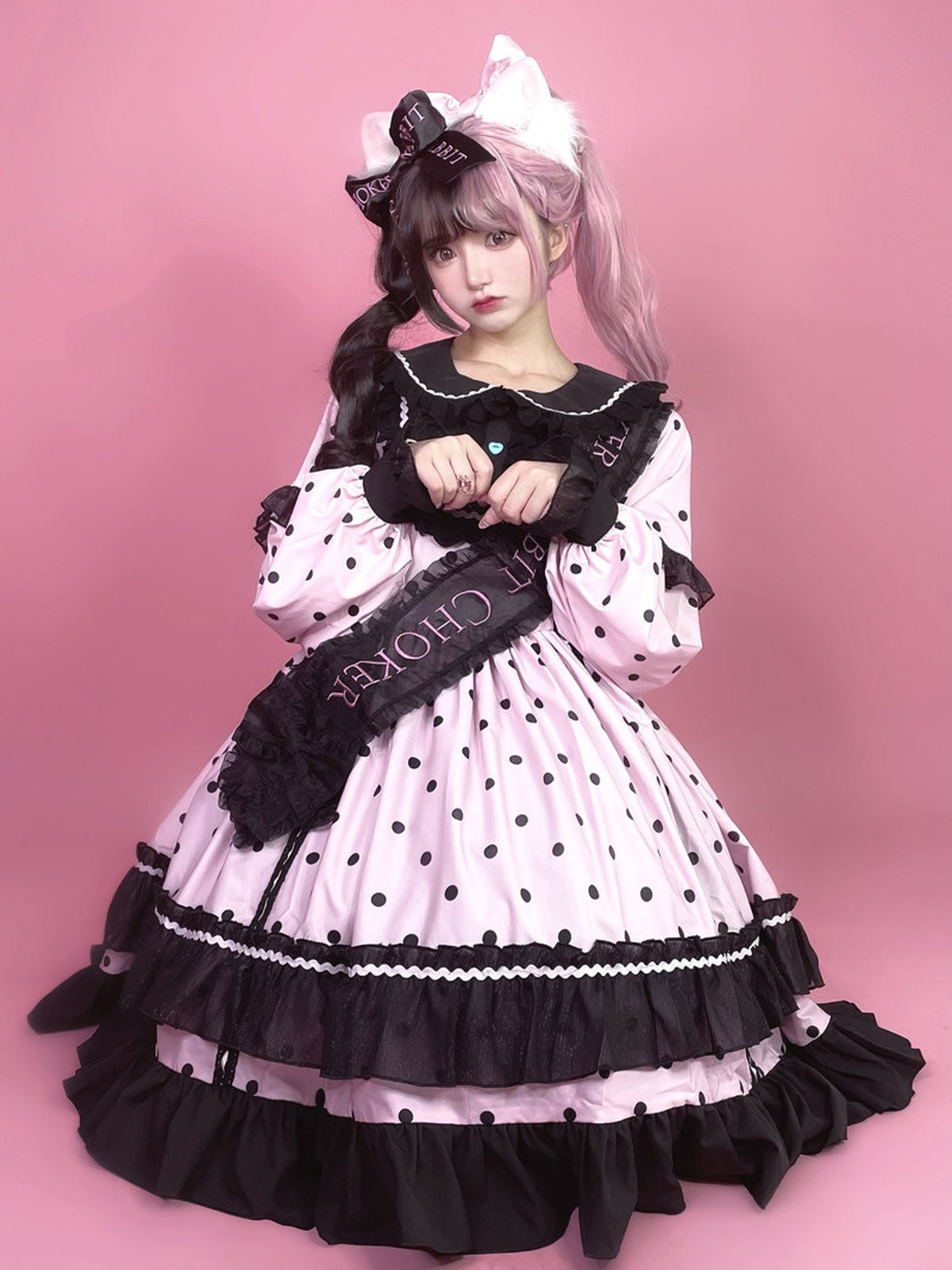 Black & Pink Polka Dot Sweet Lolita OP Long Sleeve Dress