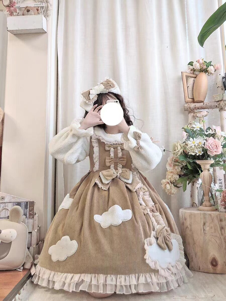 Cocoa Sweet Lolita Long Sleeve OP Dress with Headband & Petticoat