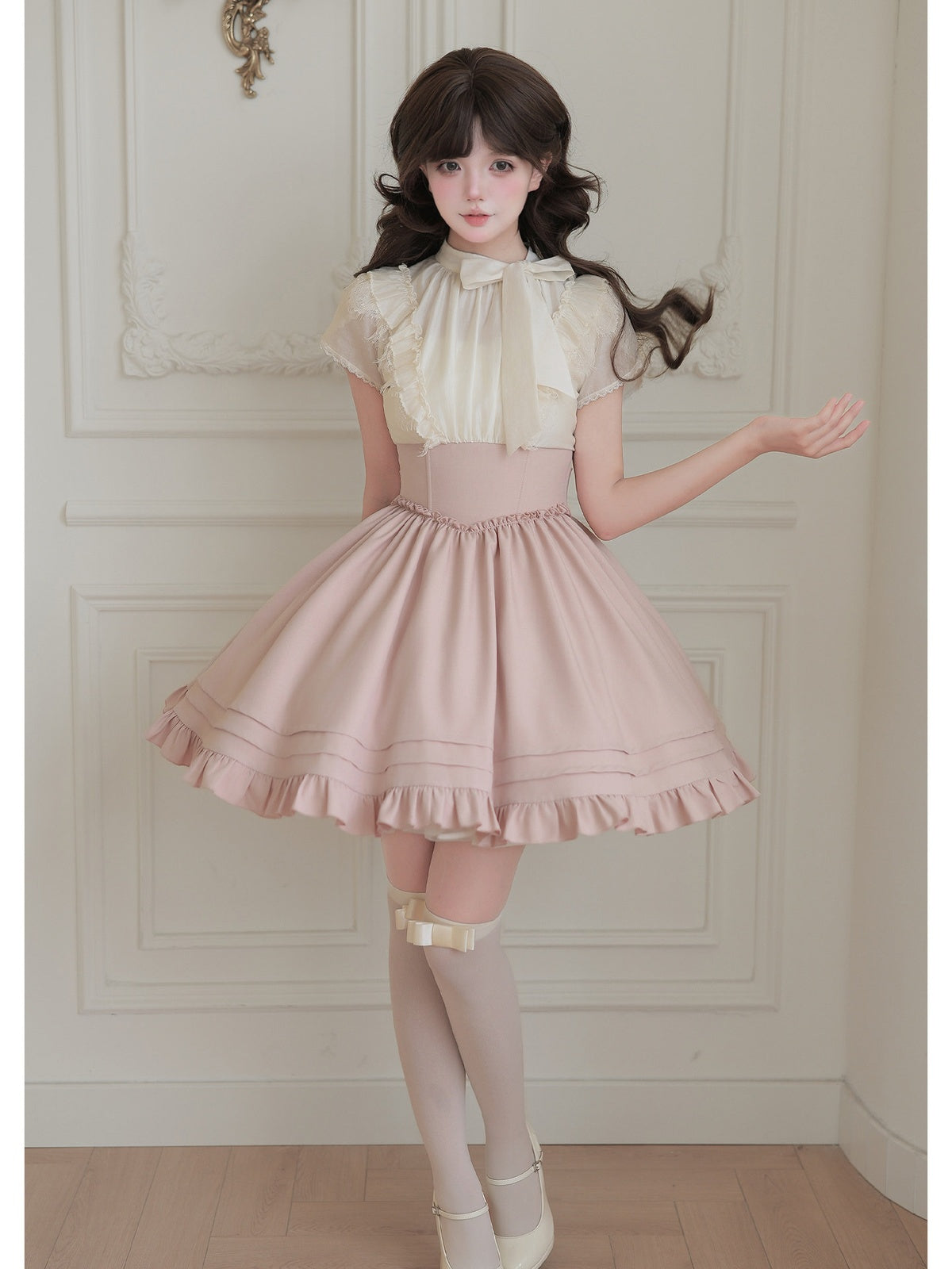 Short Color Block Lolita Dress with Waist Boning & Ruffles