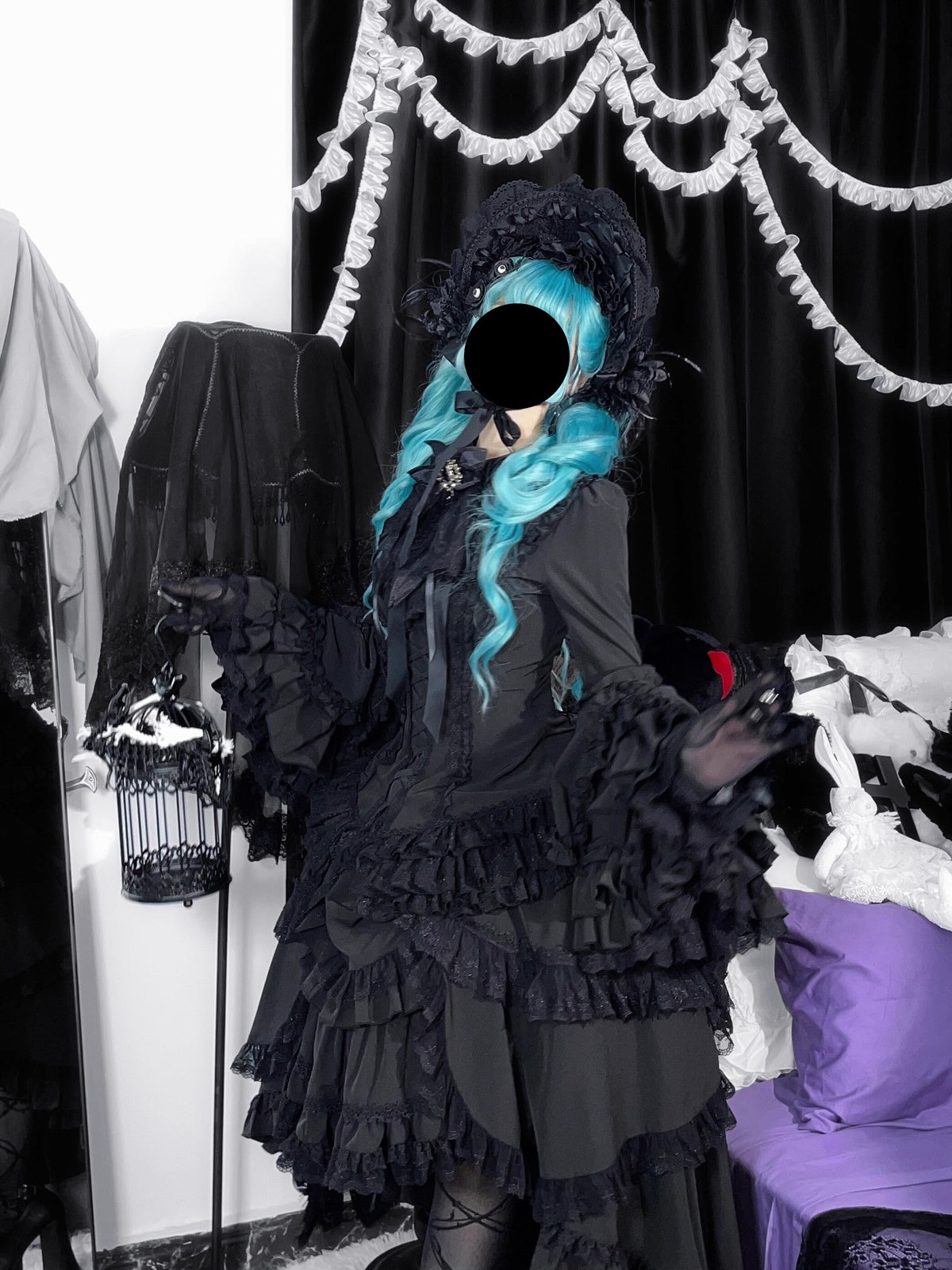 Gothic Black Phoenix Lolita Dress Set with Blouse & Tiered Skirt