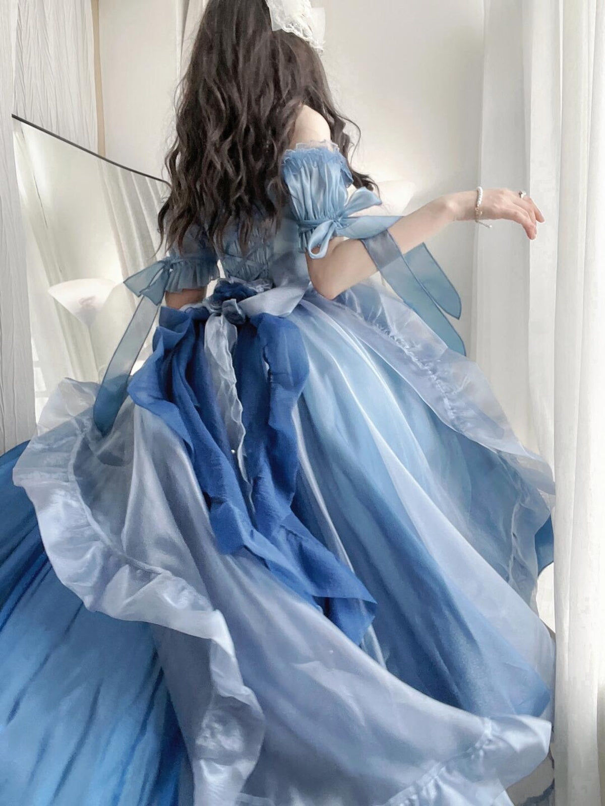 Blue Floral Wedding Lolita High-Low Dress Set with Long Train