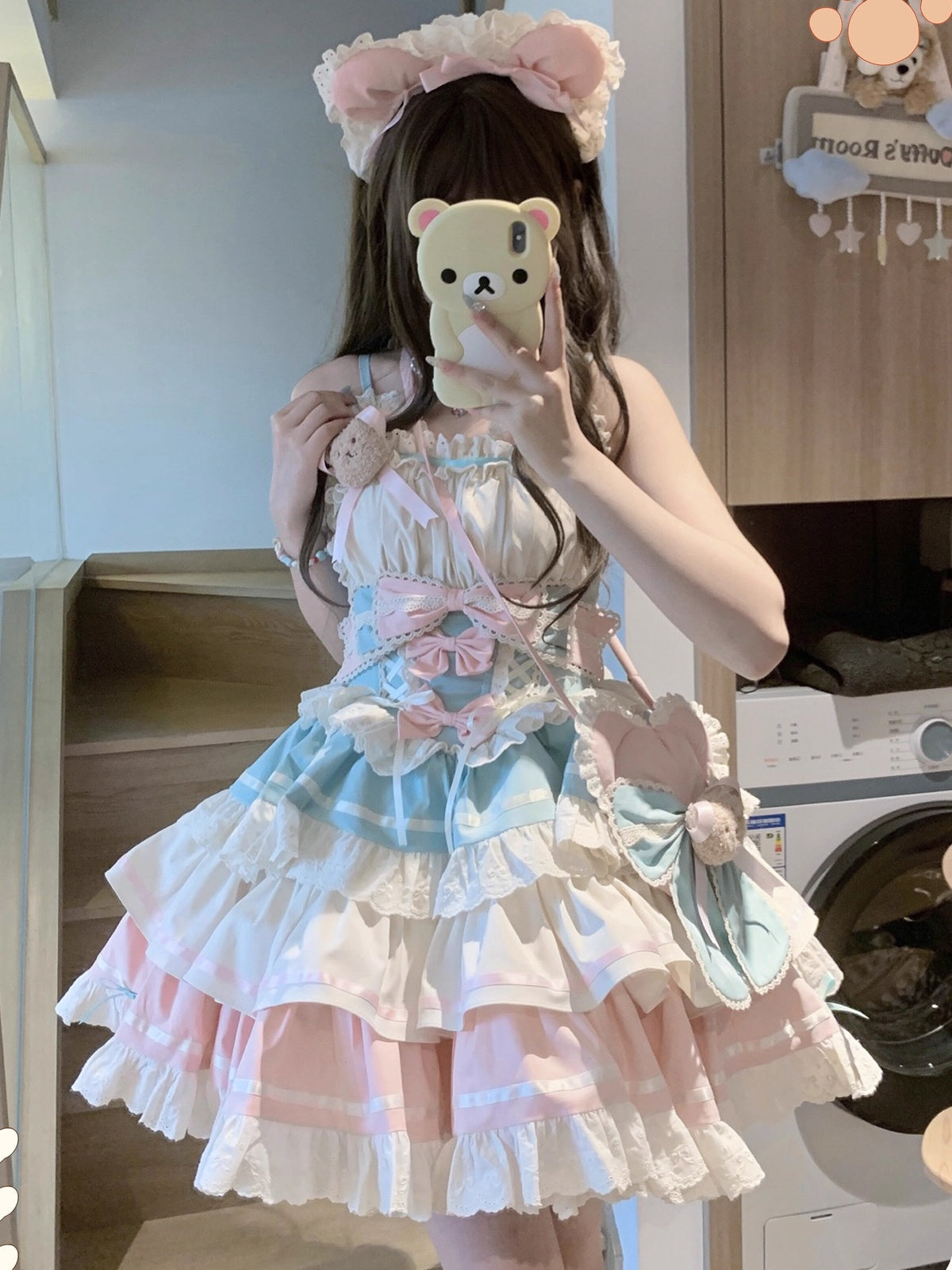 Sweet Apricot Pink Bear Lolita JSK Dress Full Set with Plush Bag
