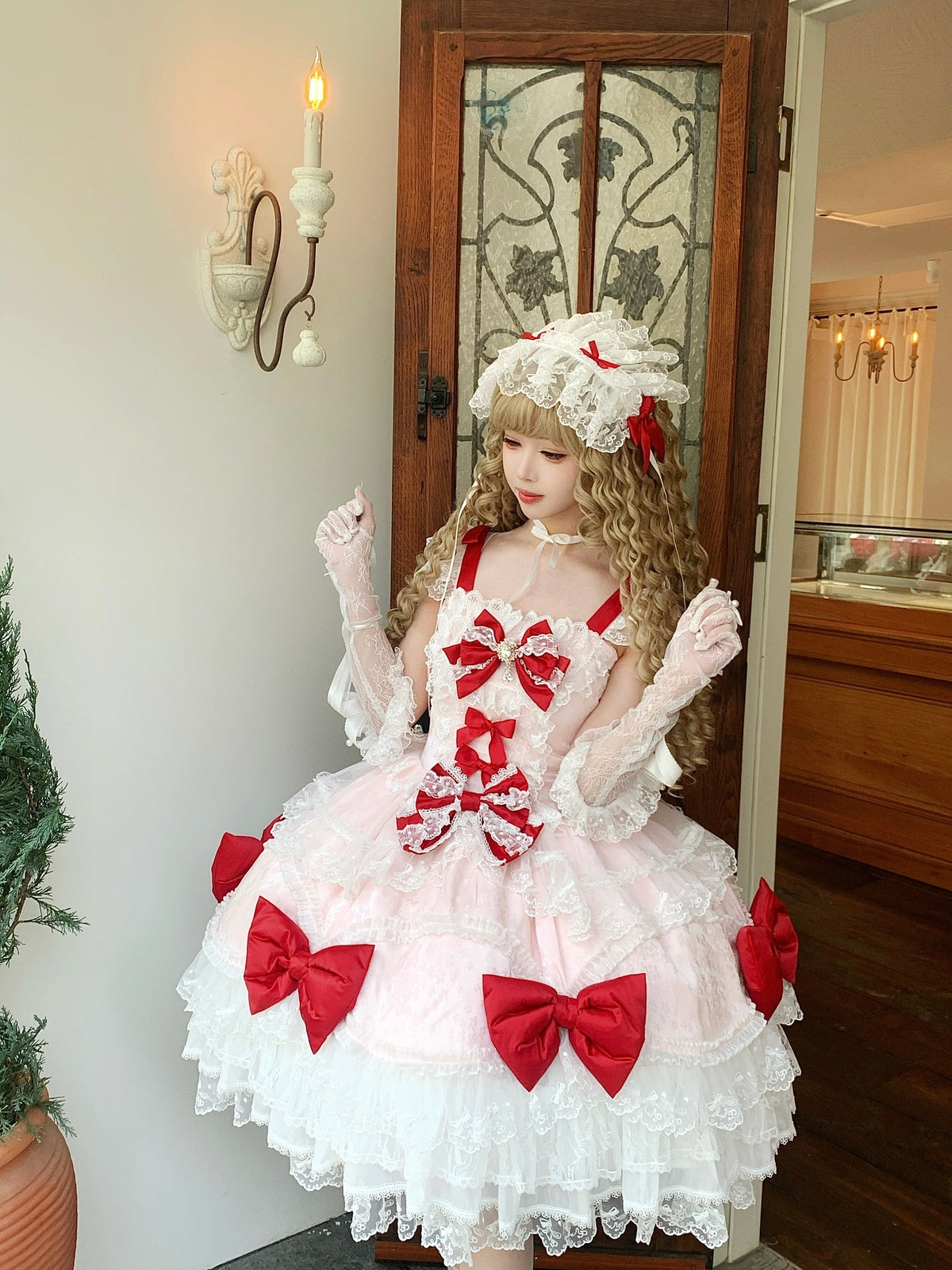 Pink Lolita JSK Suspender Dress with Train & Headband