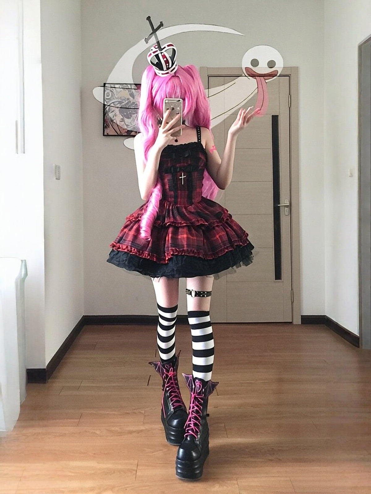 Gothic Punk Red Plaid Lolita Dress Set with Cardigan