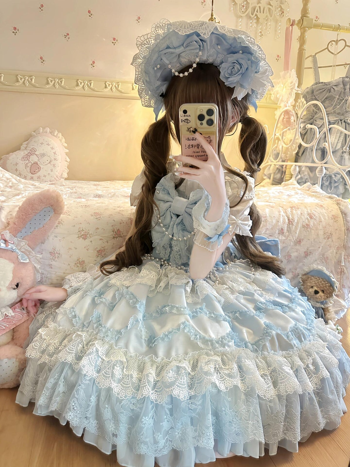 Vintage Old-School Blue Lolita JSK Dress Full Set with Petticoat