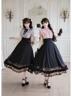 Black Pink Color Block Lolita Long Dress with Rhinestone Necktie