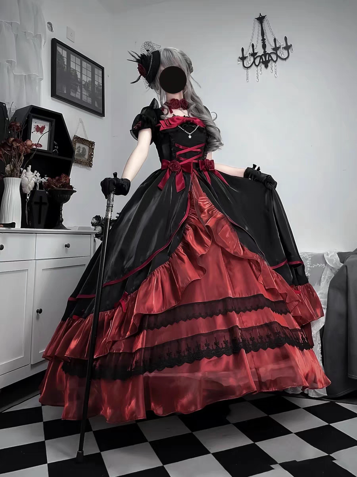 Gothic Red & Black Lolita Wedding OP Dress: 18th Birthday Gown