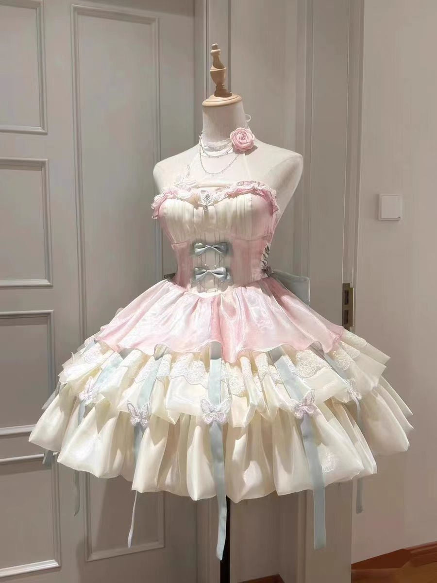 Apricot Green Lolita Halter Neck Princess Dress with Train & Petticoat