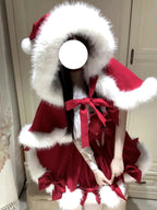 Red Christmas Lolita Dress Full Set with Winter Furry Cape