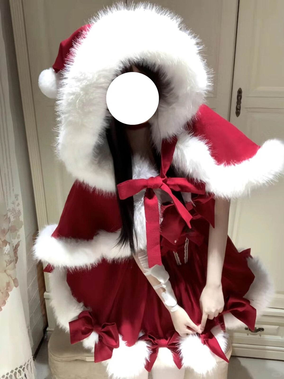 Red Christmas Lolita Dress Full Set with Winter Furry Cape