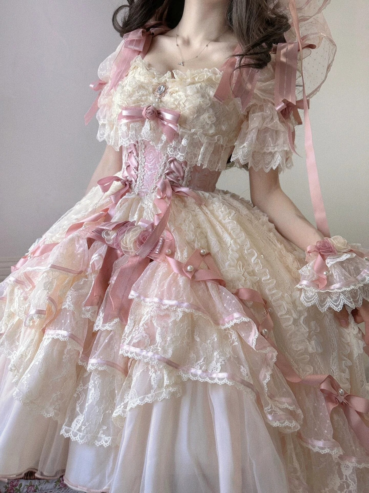 Sweet Lolita Pink Rose Dress Set - Lace Princess Birthday Gown