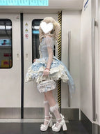 Sweet Blue Halter Gothic Lolita JSK Dress with Bow Train