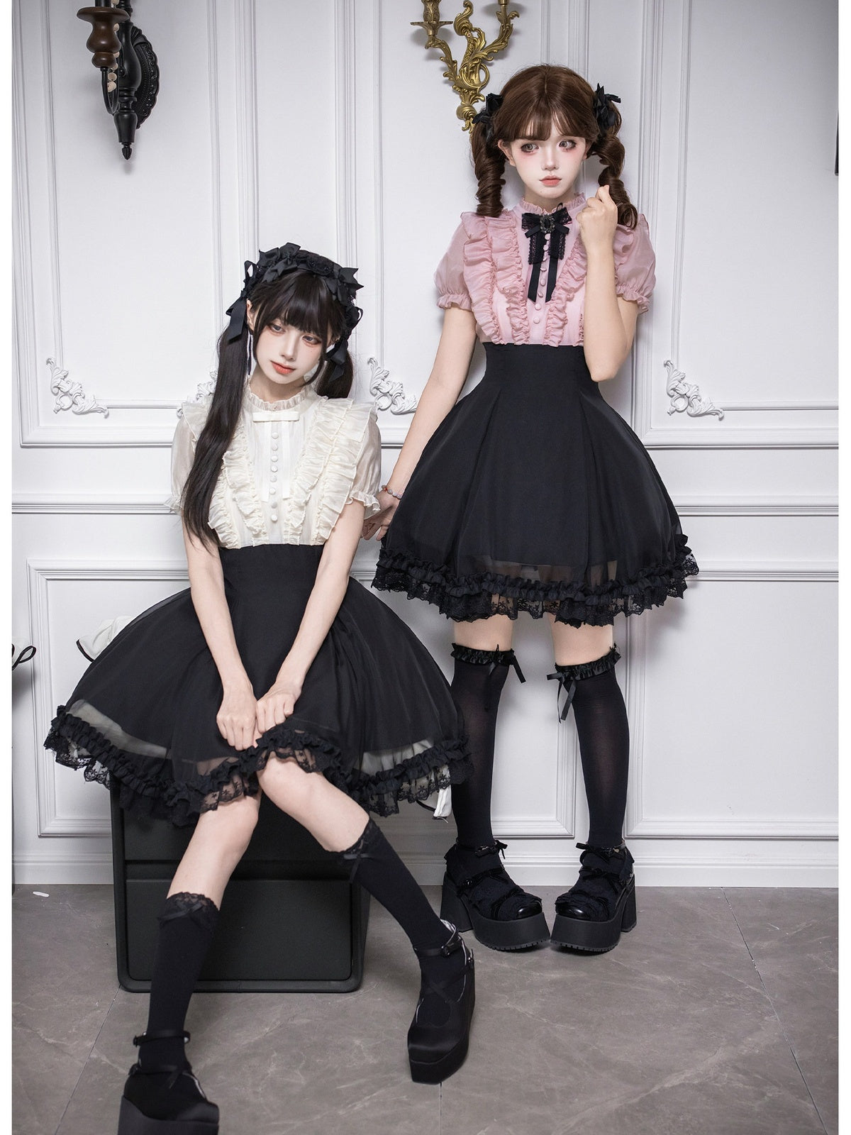 Black Pink Color Block Lolita Short Dress with Rhinestone Necktie
