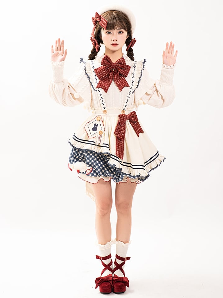 White Long-Sleeve Knitted Top Apron Blue Plaid Print Bloomer Shorts Sweet Lolita Full Set | CoyBunny