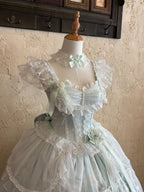 Sweet Mint Green Lolita JSK Dress Lace Ruffle Floral Print Princess Jumper Skirt