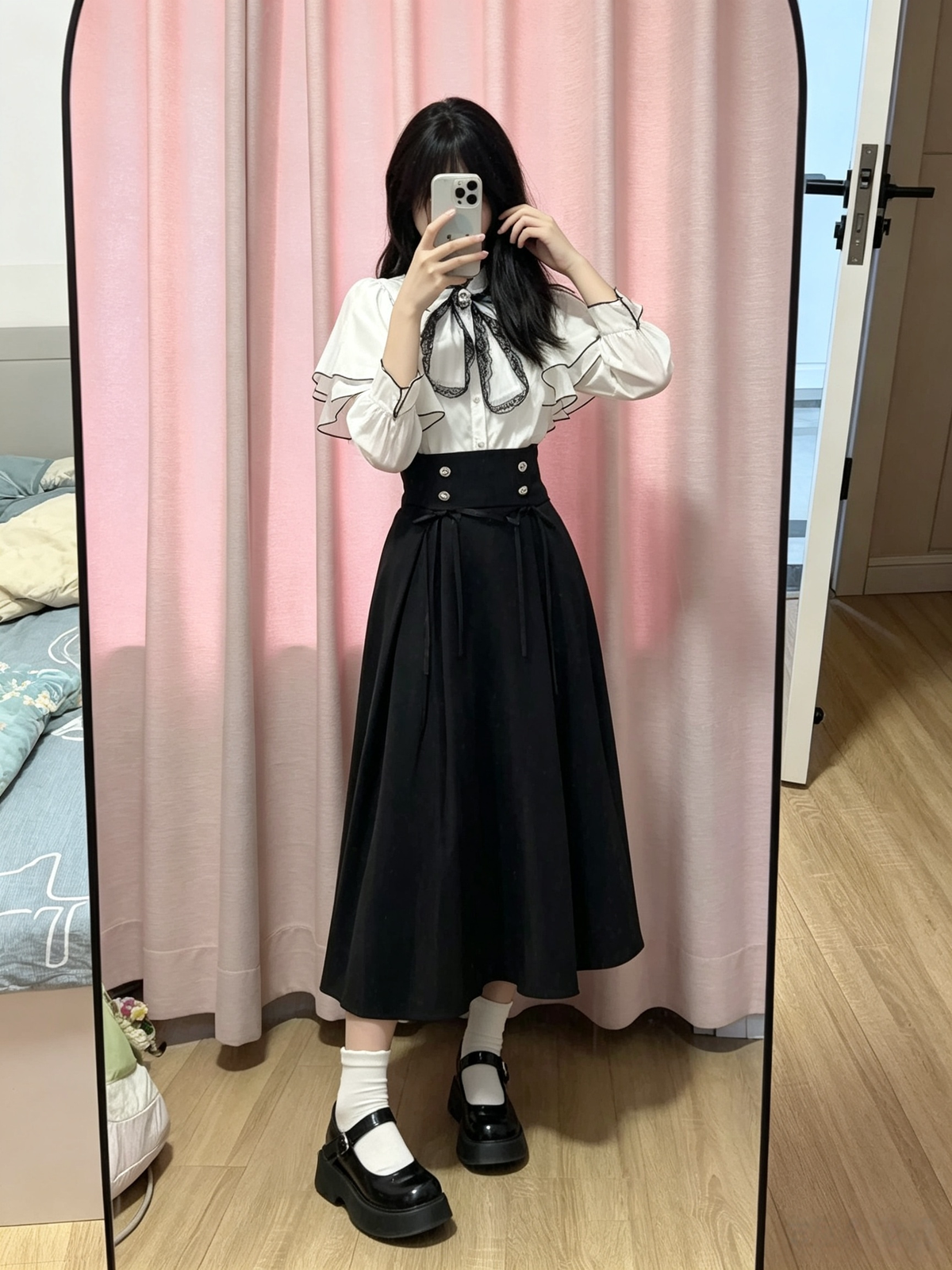 Cute White Jirai Kei School Girl Lolita Dress Long Sleeve Midi Skirt Set