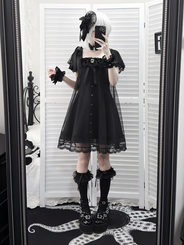 Gothic Square Neck Dress with Bow Accents - Ekomi | CoyBunny