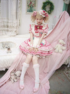 Strawberry Theme Sweet Lolita OP with Apron, Sakura Pink Striped Pattern - Sakurahime | CoyBunny