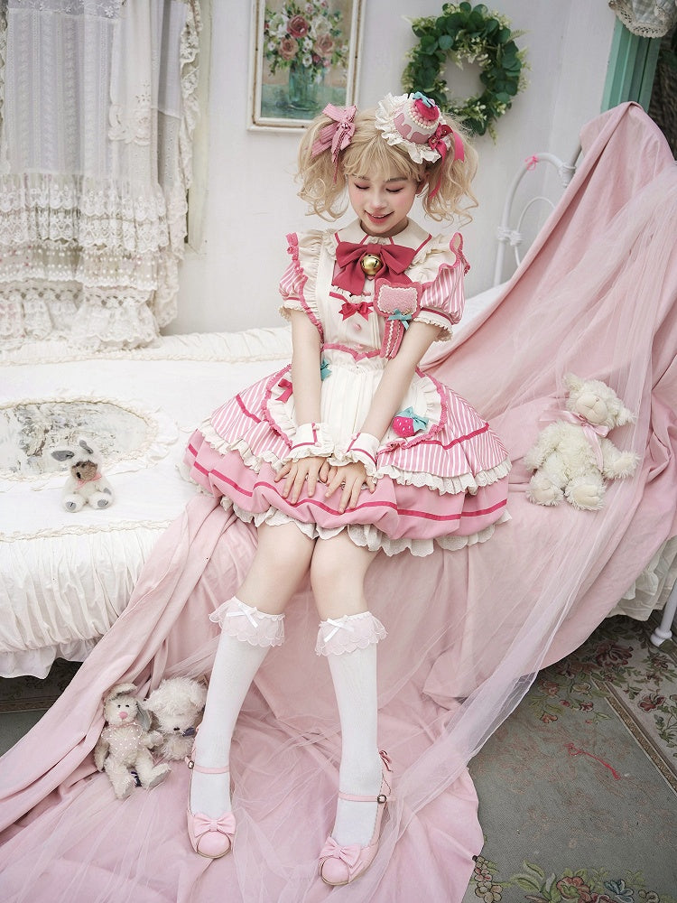 Strawberry Theme Sweet Lolita OP with Apron, Sakura Pink Striped Pattern - Sakurahime | CoyBunny
