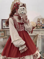 Wine Red Christmas Lolita Dress Set with Cape & Apron