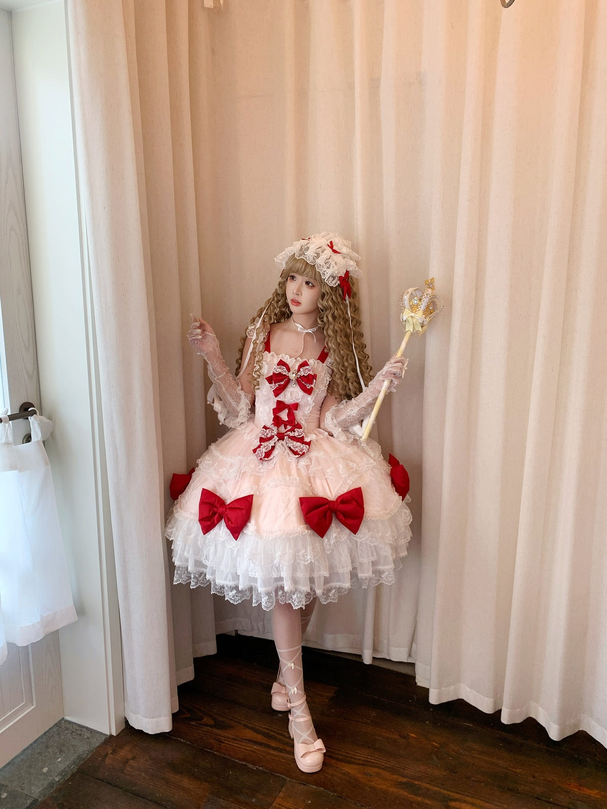 Pink Lolita JSK Suspender Dress with Train & Headband