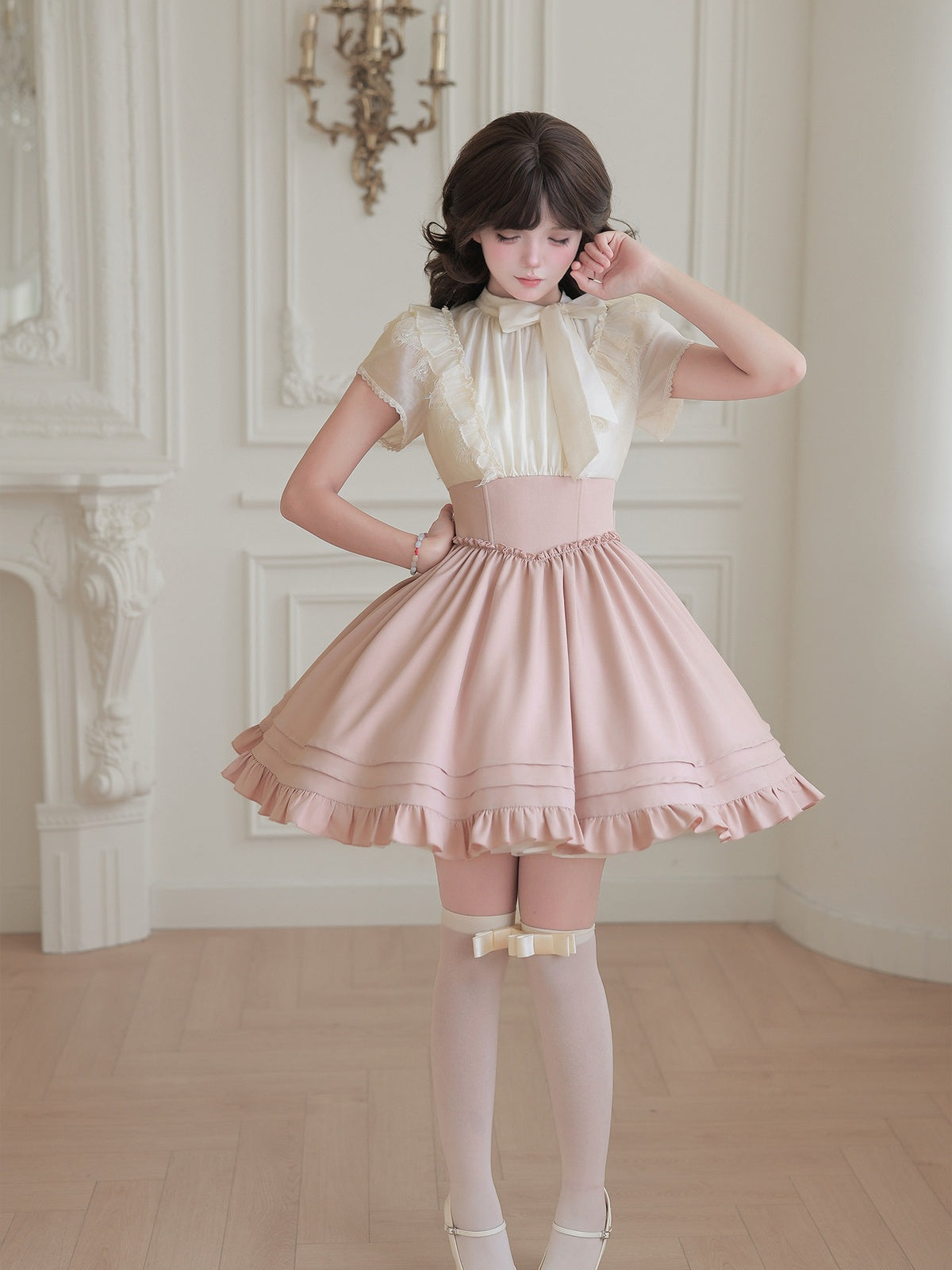 Short Color Block Lolita Dress with Waist Boning & Ruffles