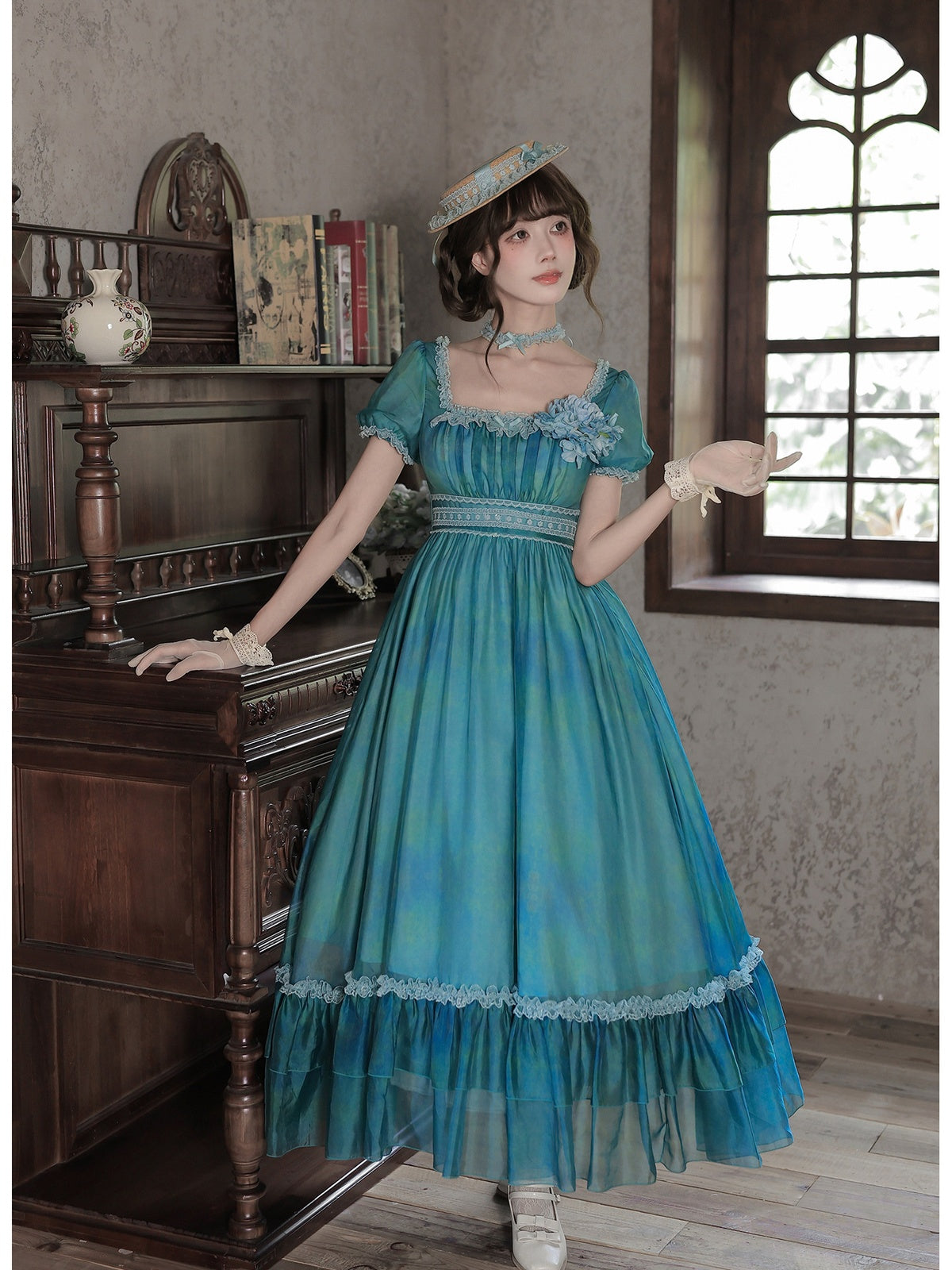 Empire Lolita Long JSK Set with Choker, Flower & Hat