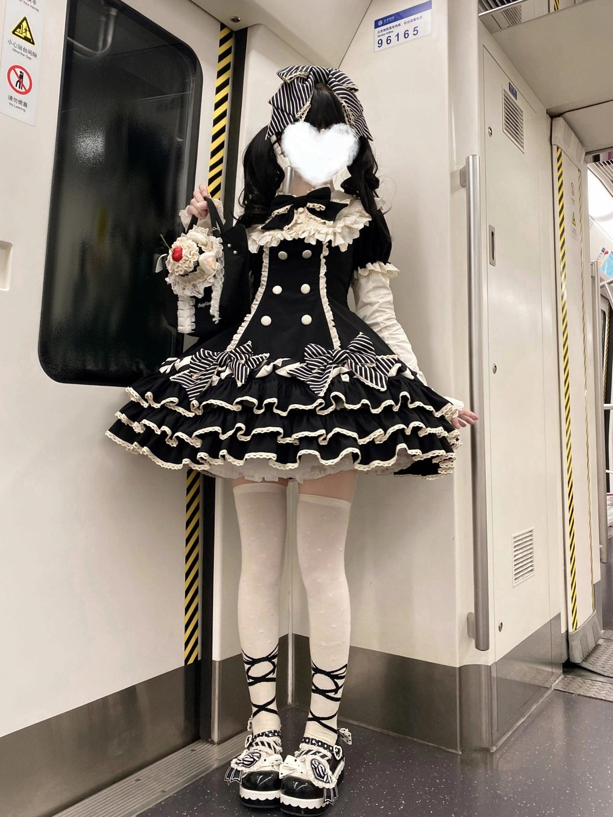 Black Stripe Sweet Lolita OP Dress Full Set with Hat & Detachable Sleeves