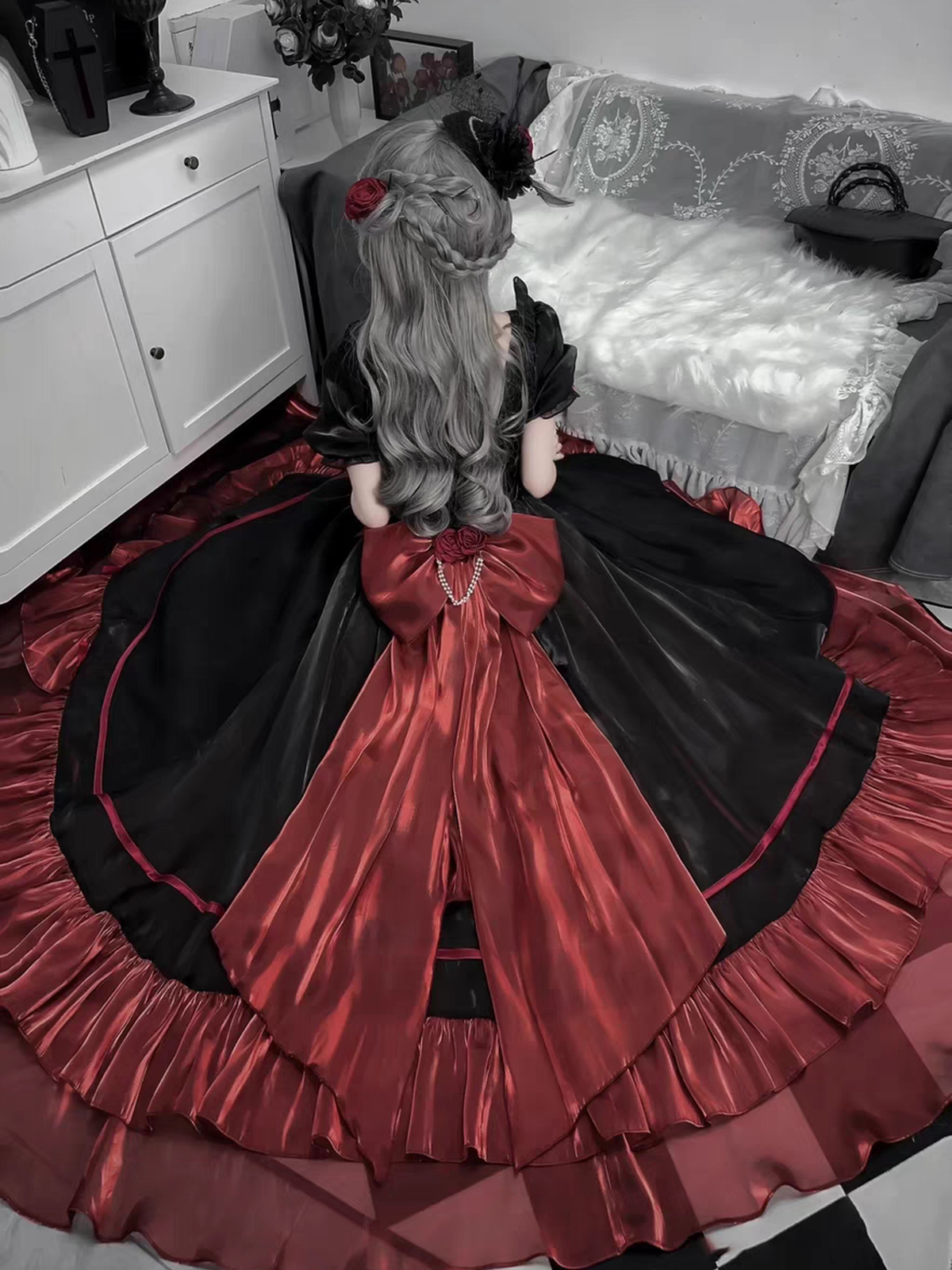 Gothic Red & Black Lolita Wedding OP Dress: 18th Birthday Gown