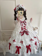 White & Red Doll JSK Lolita Dress with Back Bow & Headband