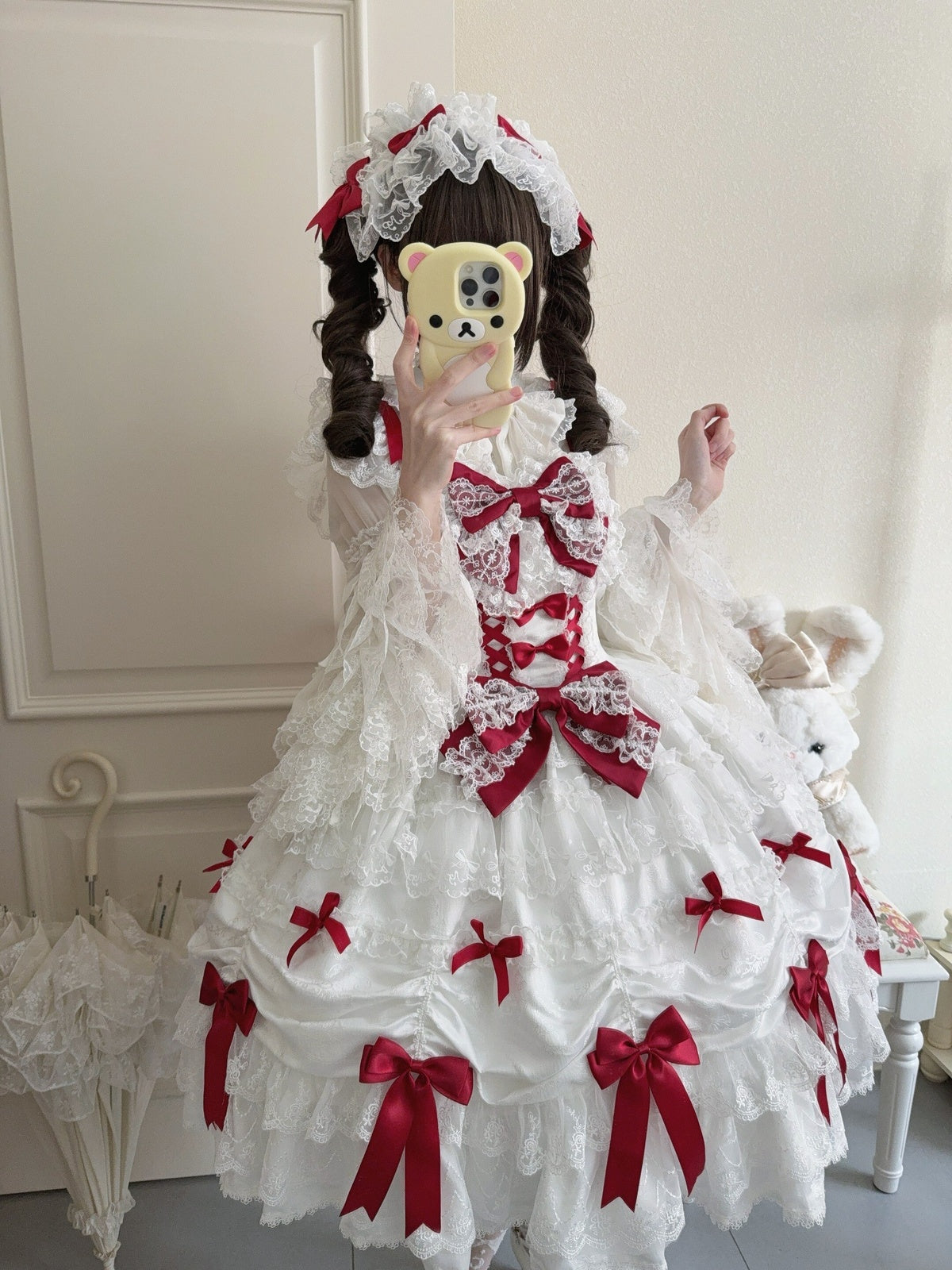 White & Red Doll JSK Lolita Dress with Back Bow & Headband