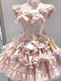 Sweet Sakura Pink Rose Lolita JSK Princess Dress Choker & Train
