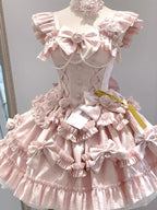 Sweet Sakura Pink Rose Lolita JSK Princess Dress Choker & Train