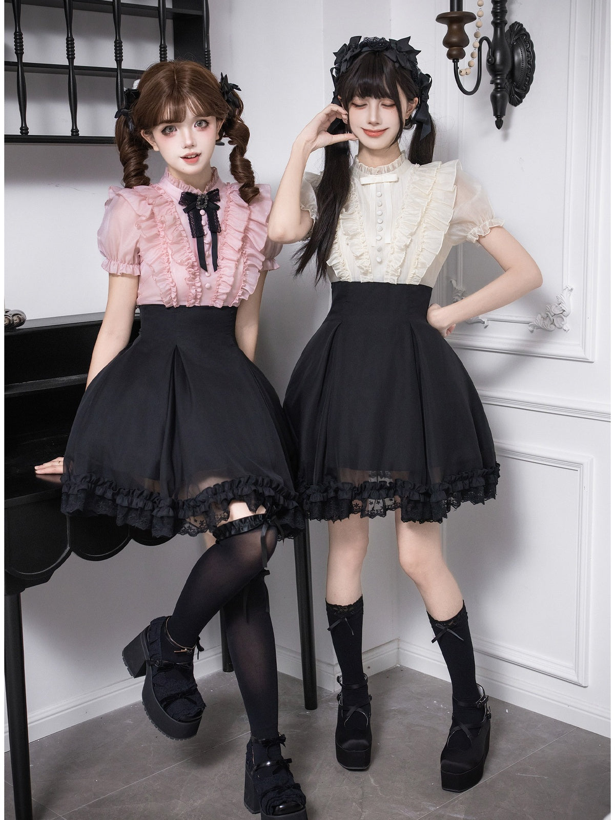 Black Pink Color Block Lolita Short Dress with Rhinestone Necktie